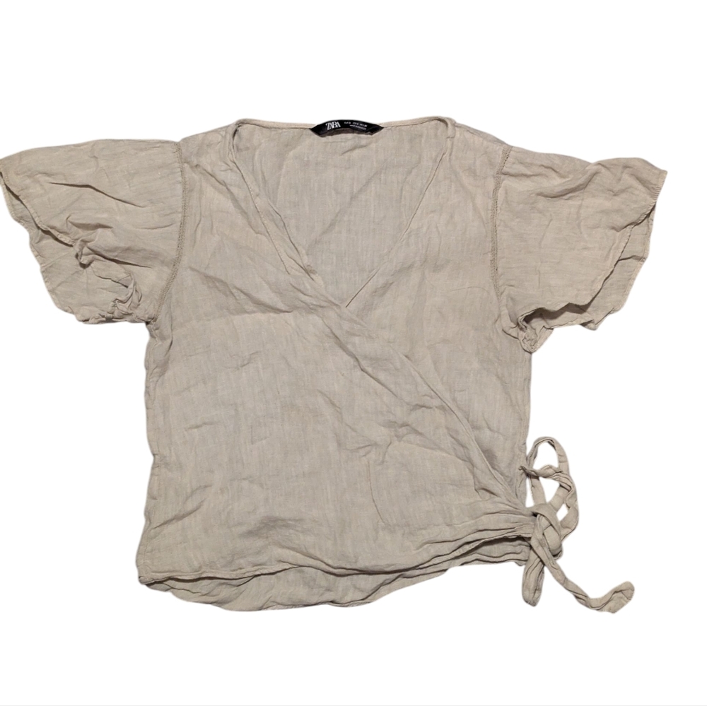 Zara Wrap Around Linen top Beige Tan